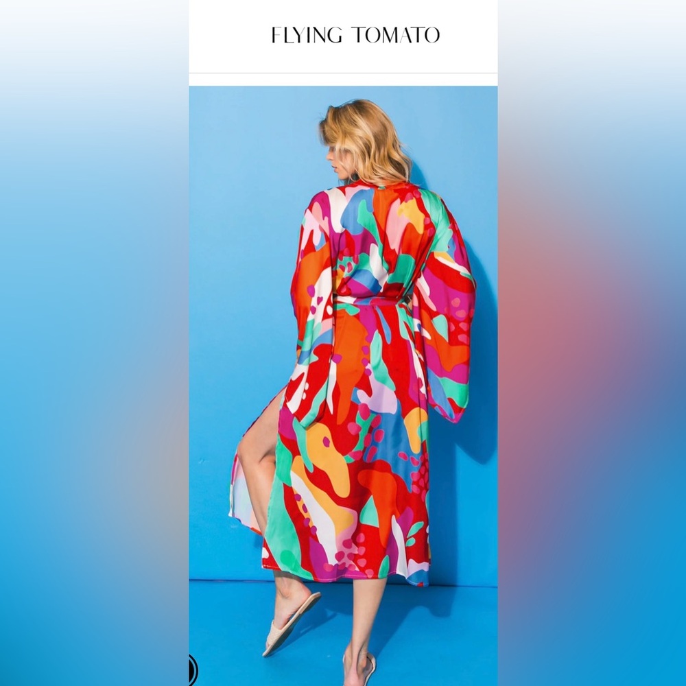 Flying Tomato Multicolor Satin belted Kimono Ensemble set - Picture 4 of 17